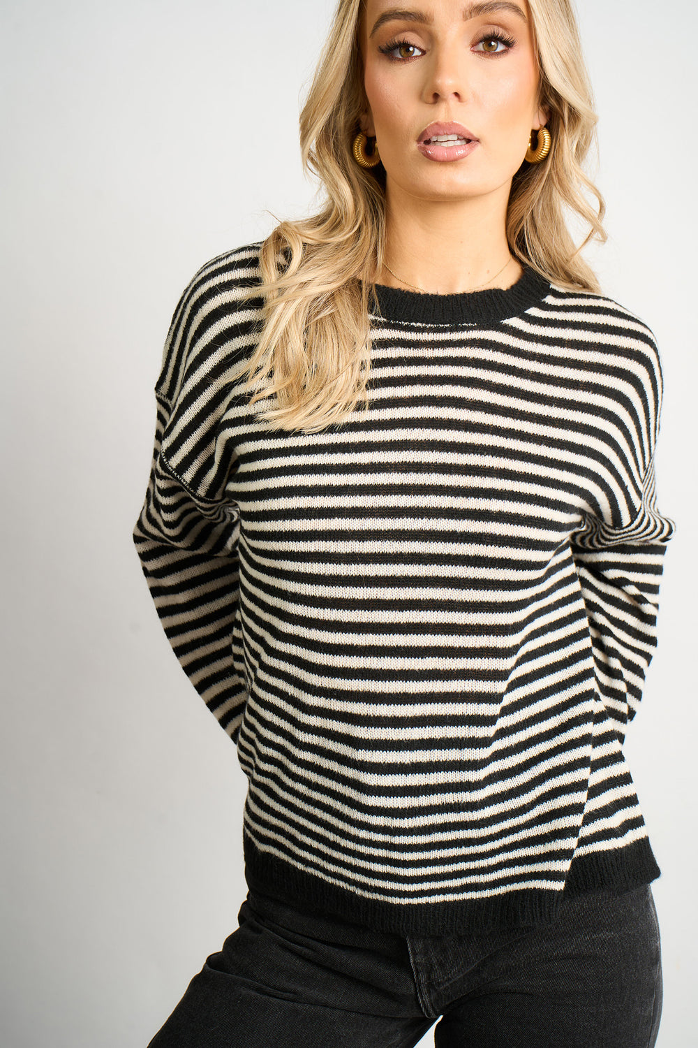 Striped-Italian-Wool-Blend-Knitted-Jumper-in-Black-closeup