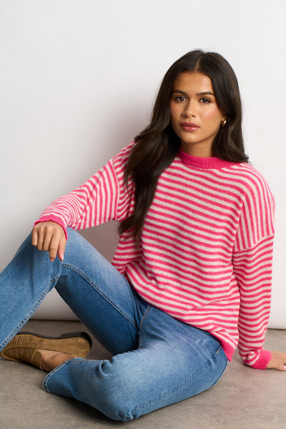 Striped-Italian-Wool-Blend-Knitted-Jumper-in-Pink-modelled
