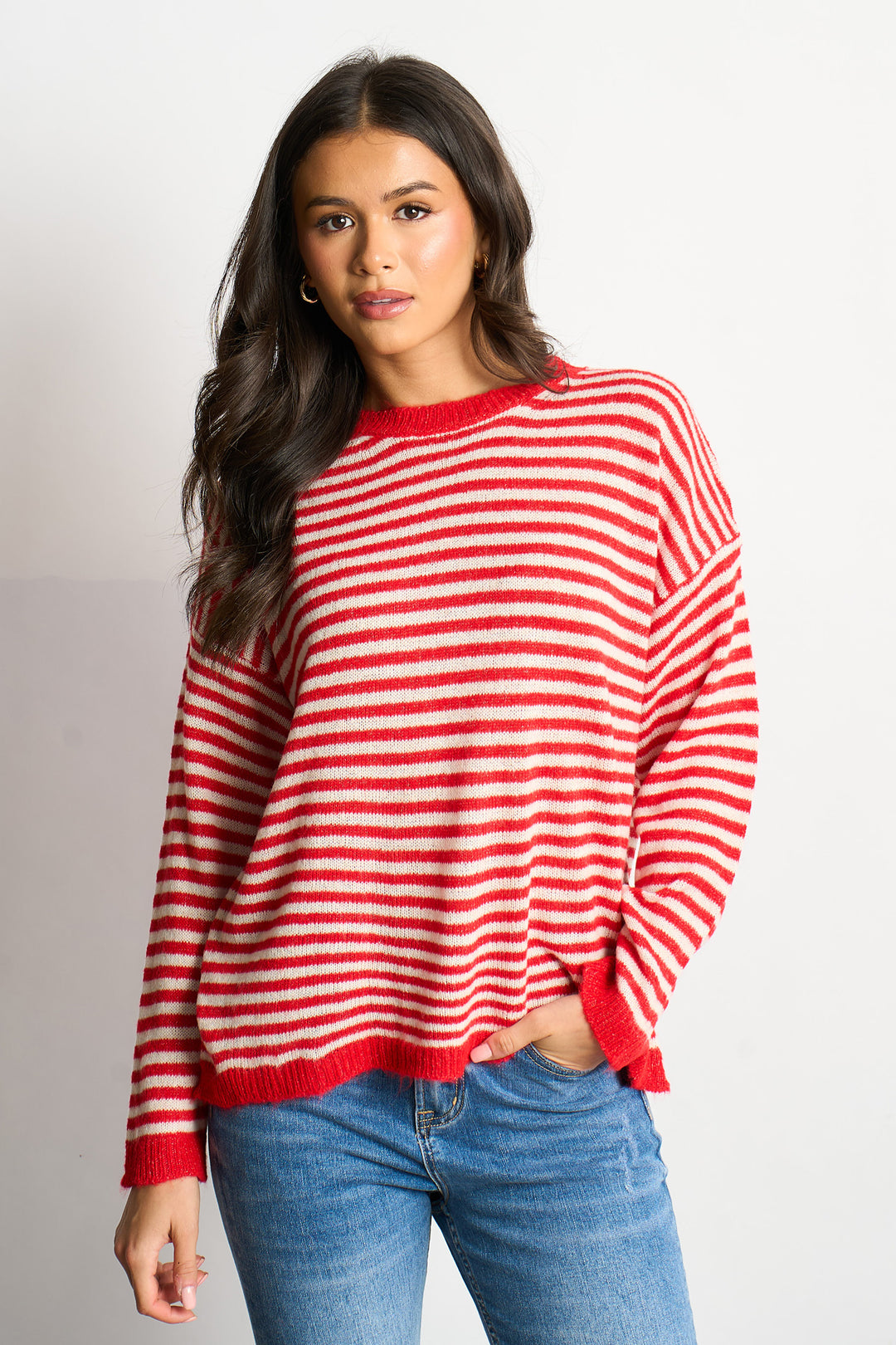 Striped-Italian-Wool-Blend-Knitted-Jumper-in-Red-front