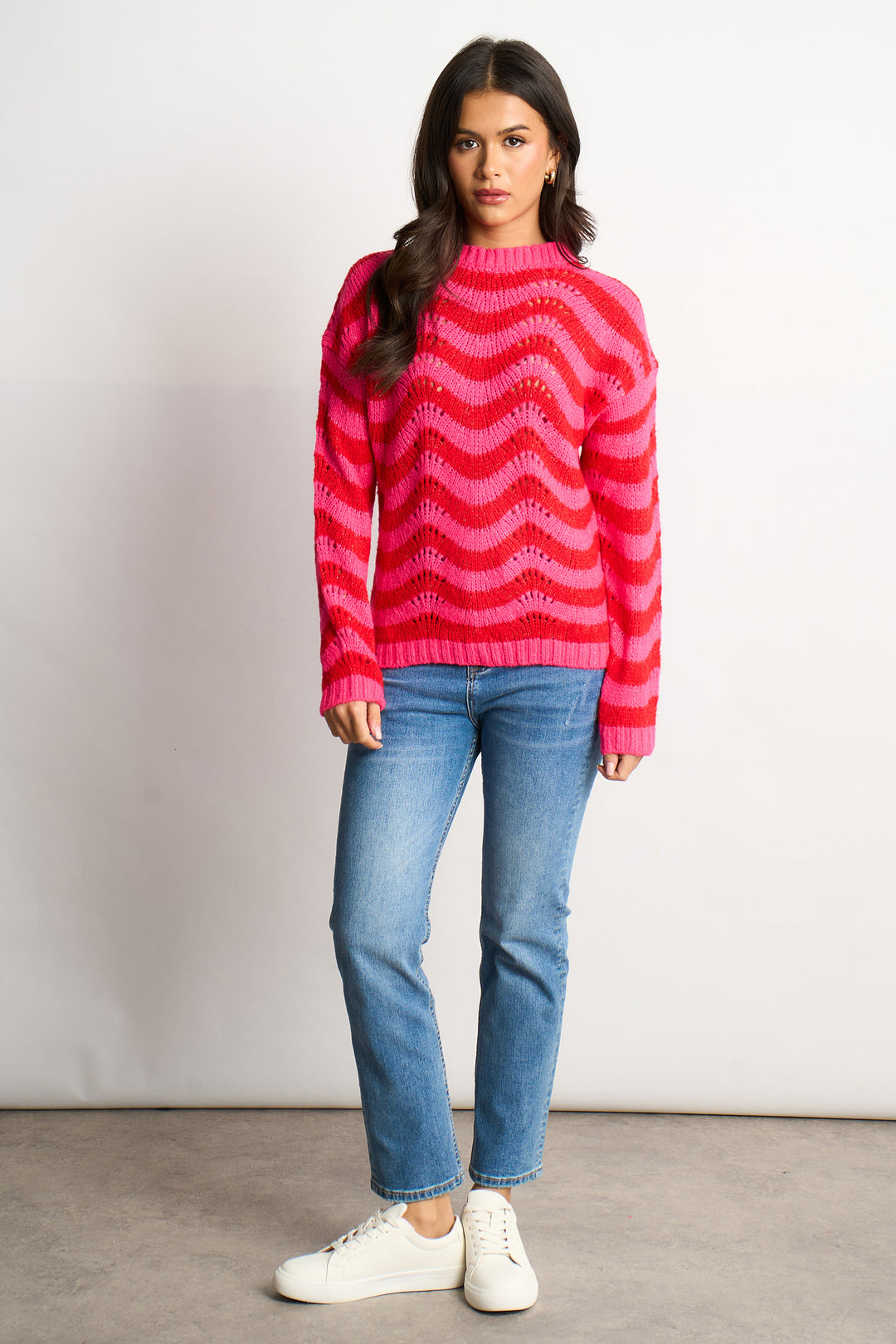 Wave Stripe Scalloped Italian Wool Blend Jumper in Pink/Red