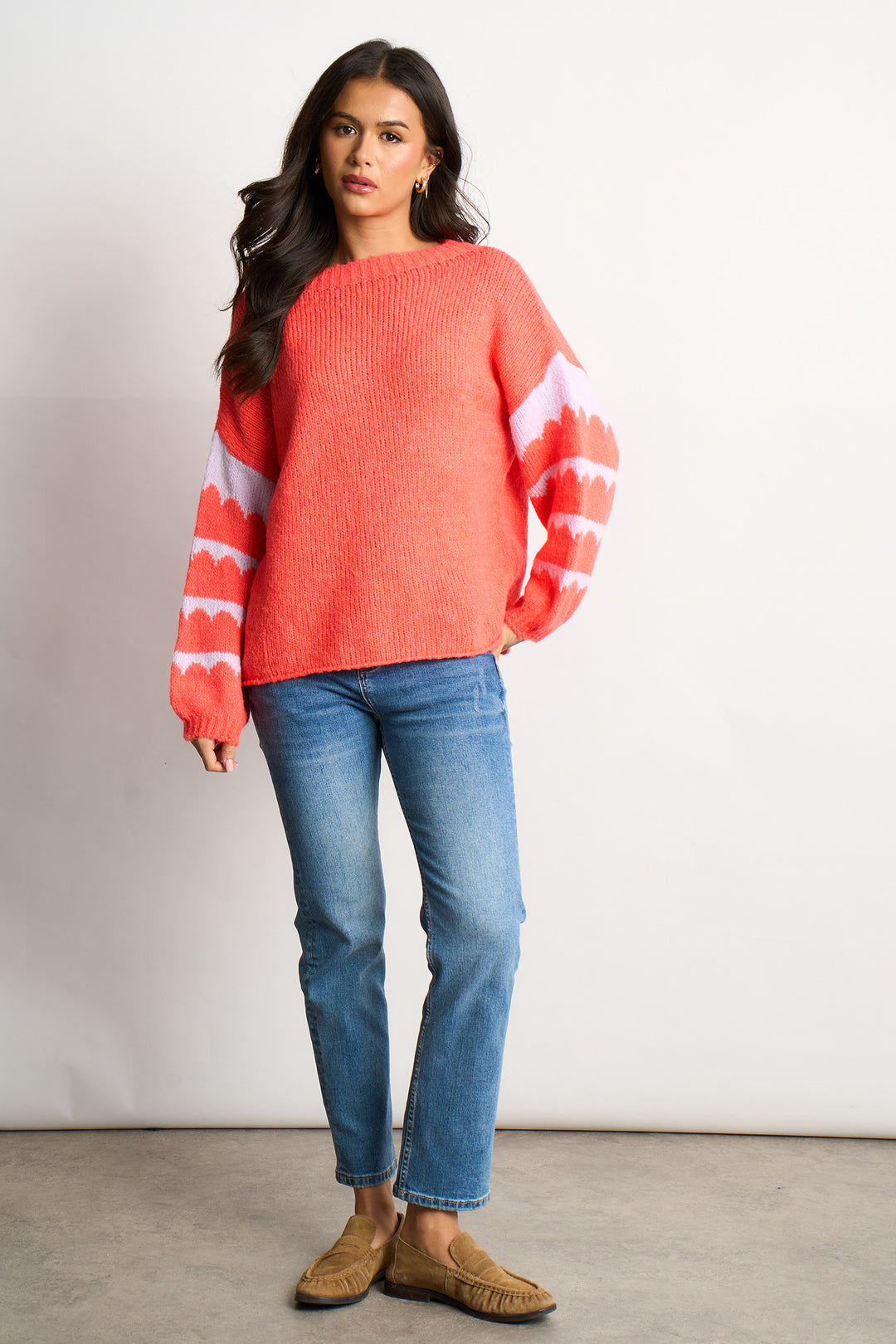 Striped-Sleeve-Italian-Wool-Blend-Jumper-in-Coral/Lilac-styled