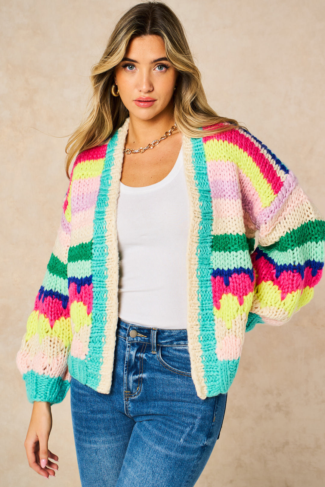 Hand-Knitted-Rainbow-Striped-Cardigan-in-Multi-Front