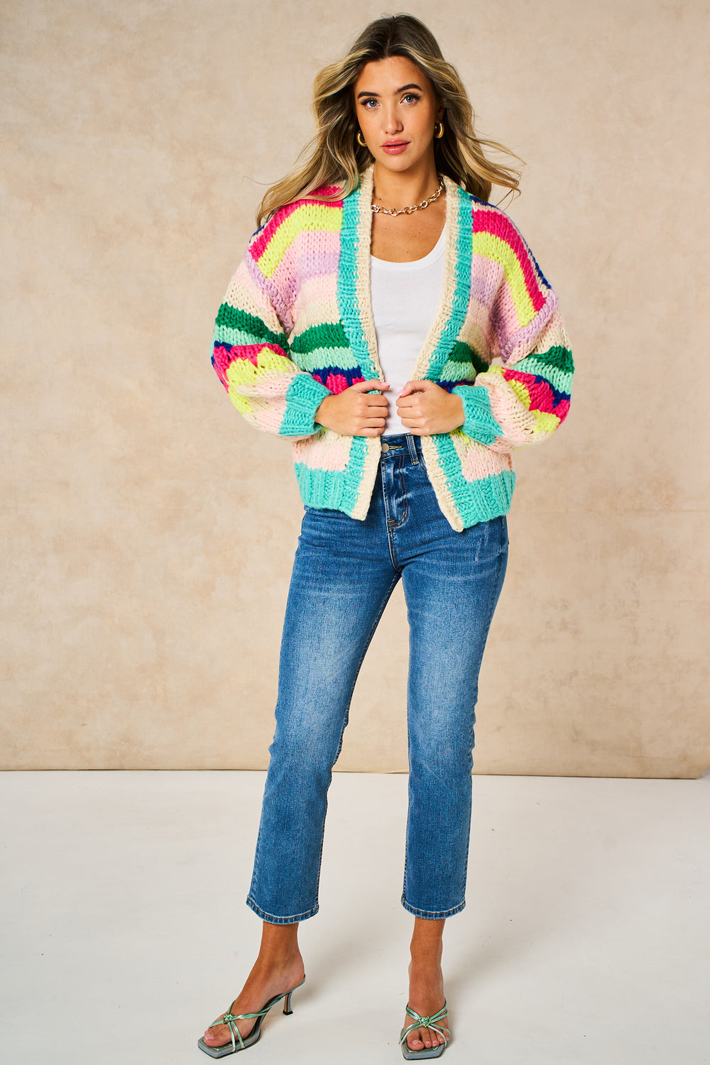 Hand-Knitted-Rainbow-Striped-Cardigan-in-Multi-Front-Styled