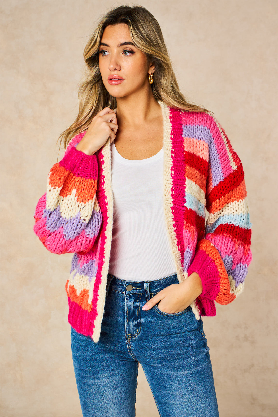 Hand-Knitted-Rainbow-Striped-Cardigan-in-Red/Pink-Front