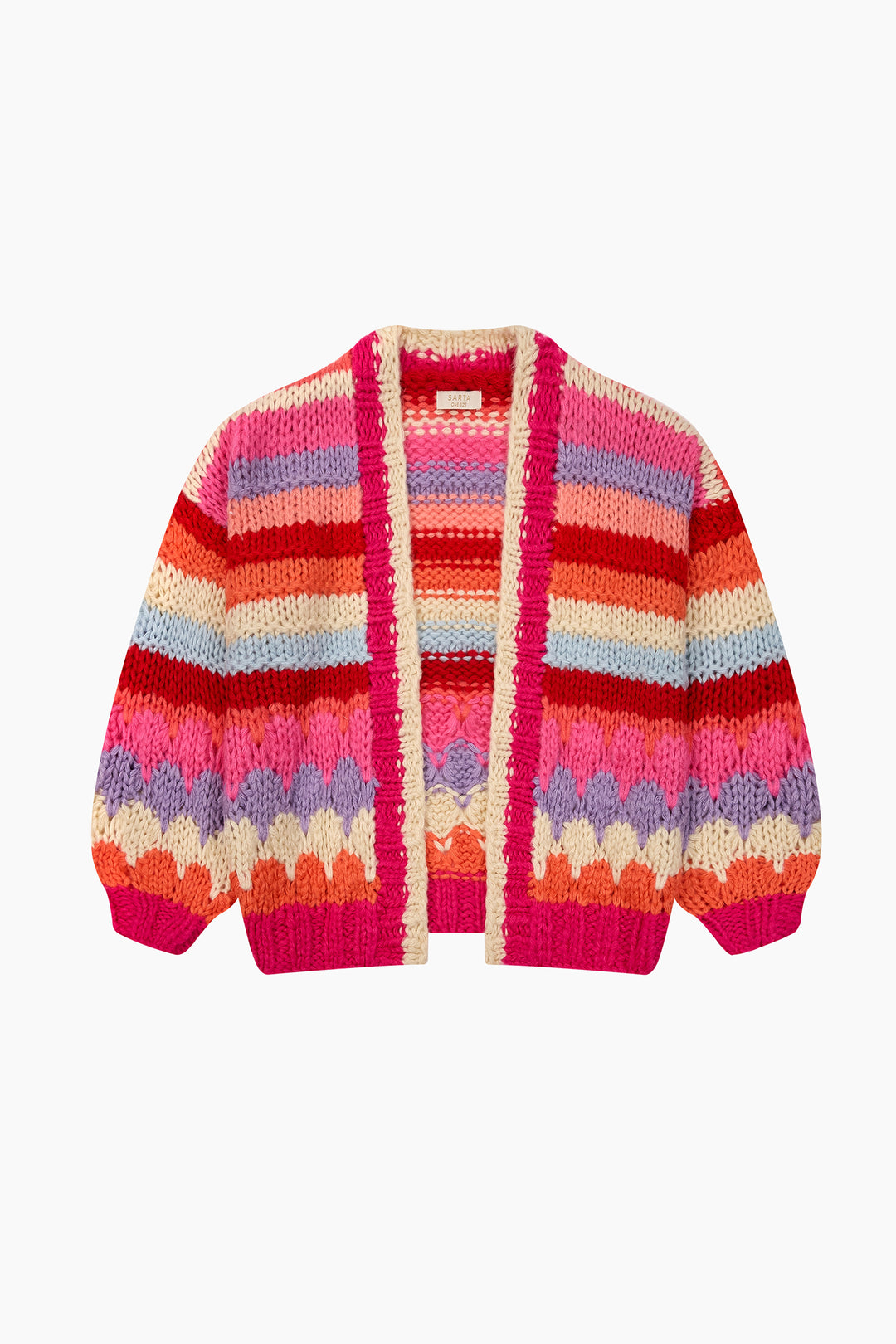 Hand-Knitted-Rainbow-Striped-Cardigan-in-Red/Pink-Front