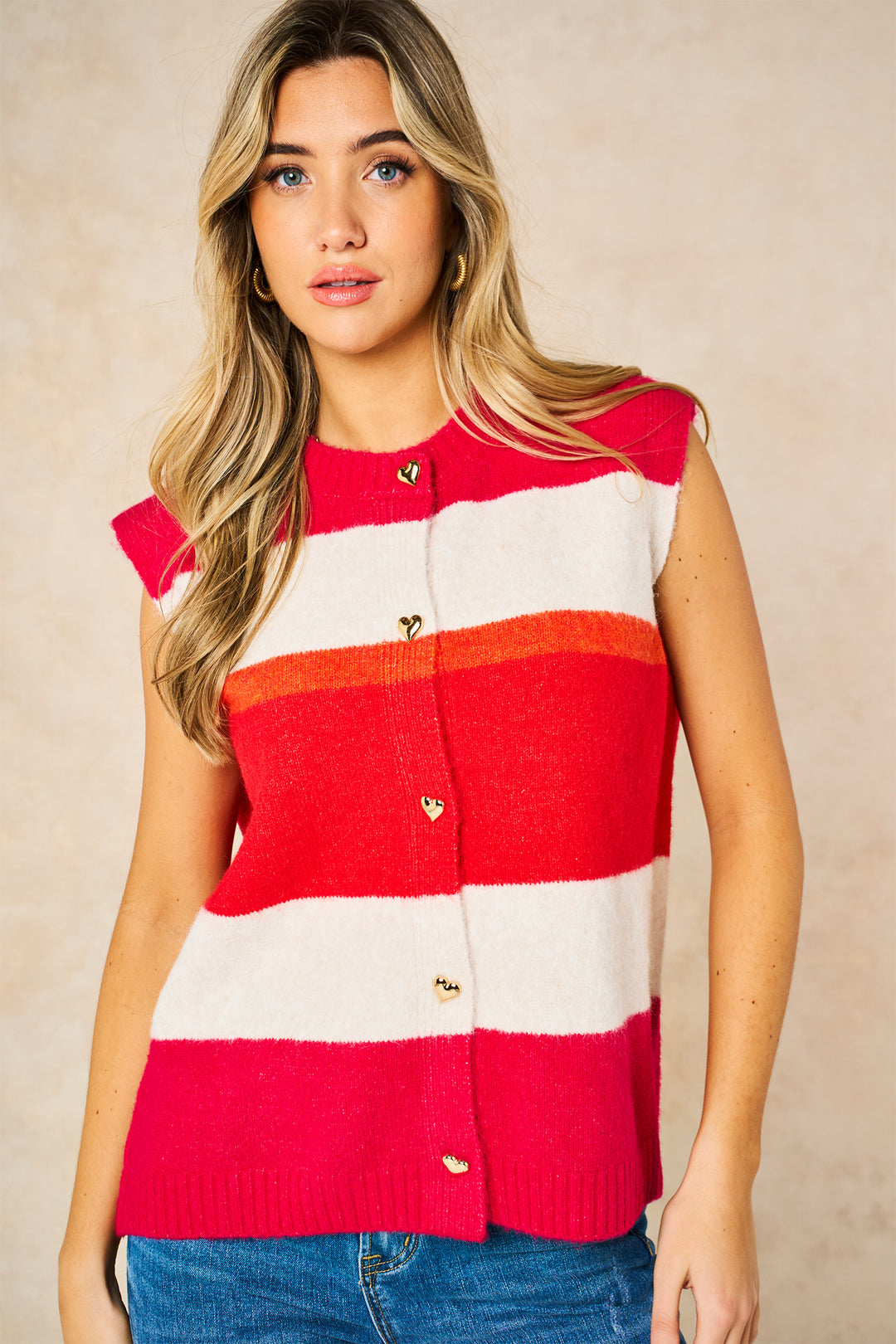 Heart-Buttons-Striped-Sleeveless-Vest-in-Red-Front