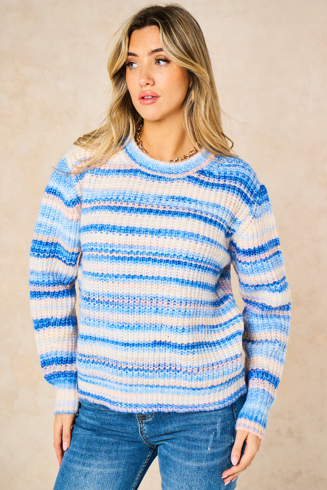 Striped-Round-Neck-Wool-Blend-Jumper-in-Blue-Front
