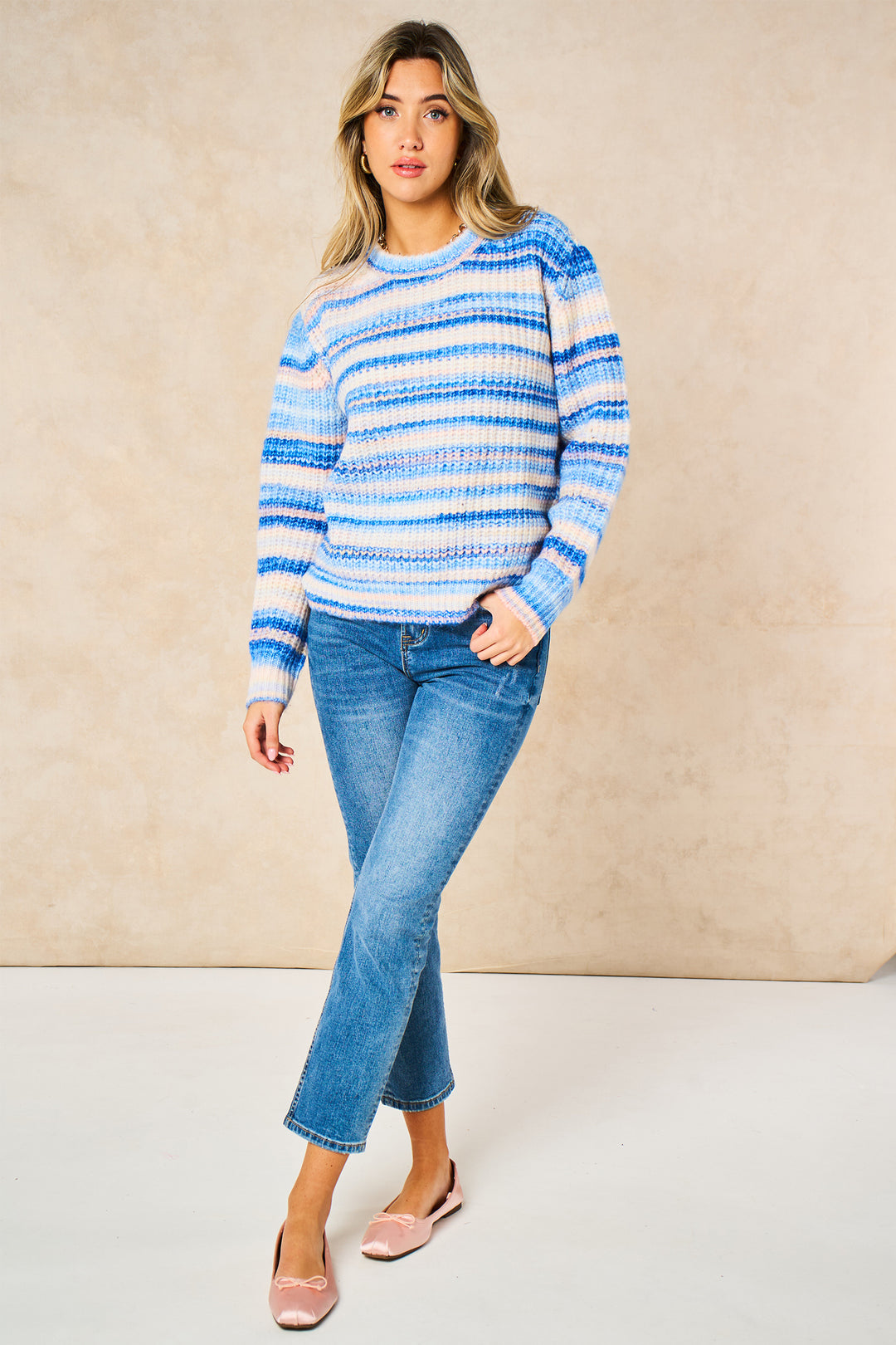 Striped-Round-Neck-Wool-Blend-Jumper-in-Blue-Front-Styled