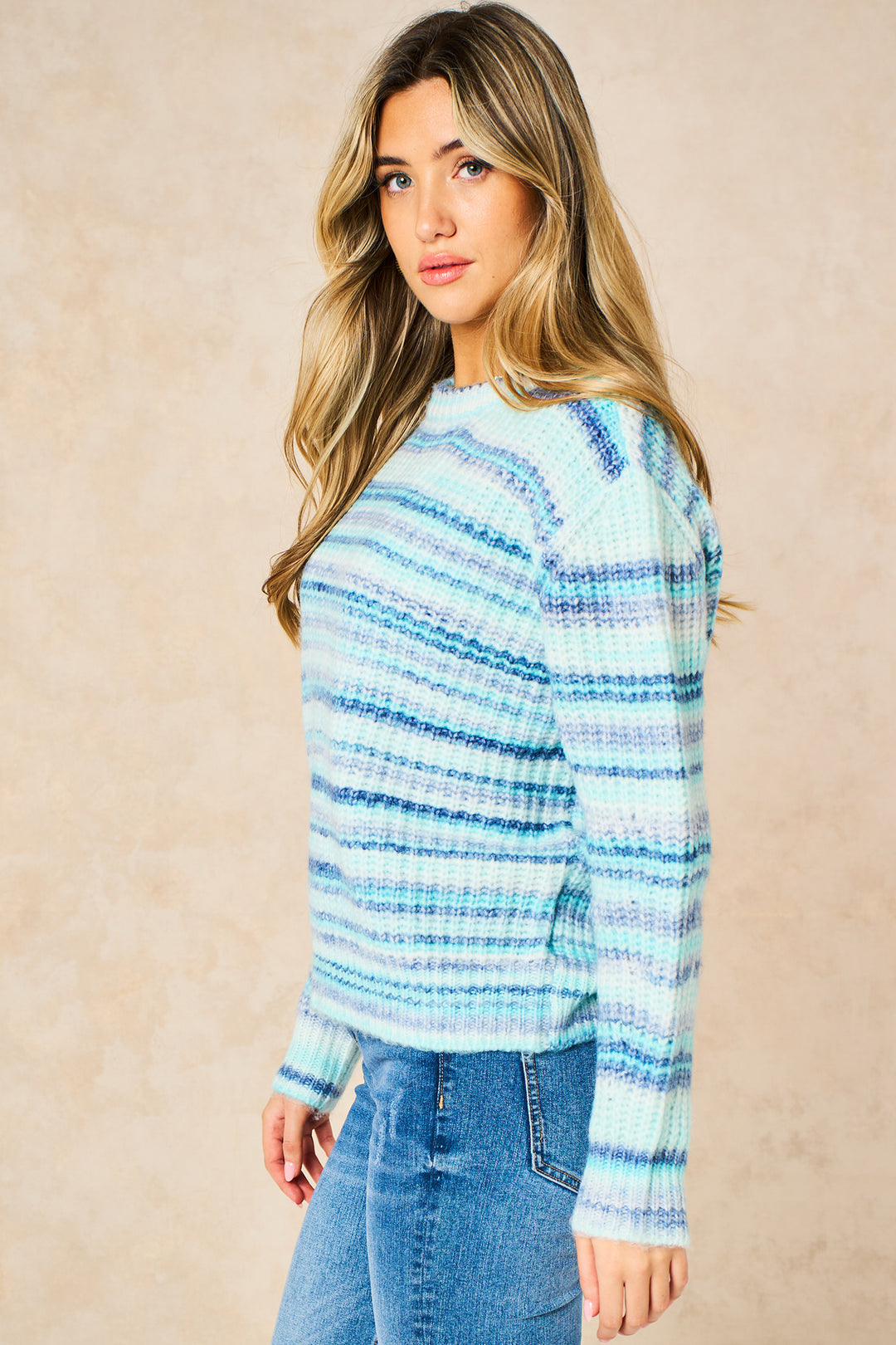 Striped Round Neck Wool Blend Jumper in Mint