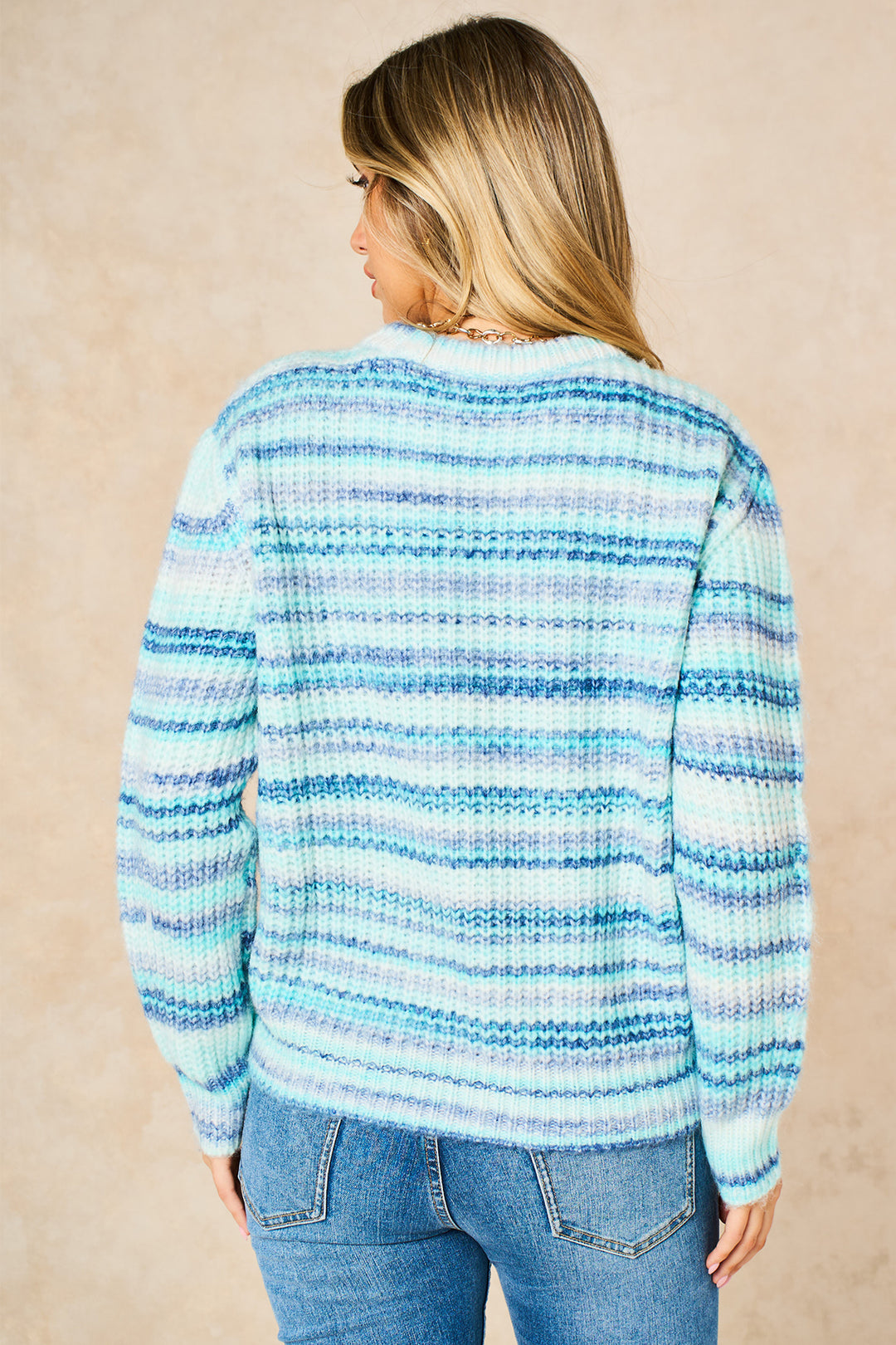 Striped Round Neck Wool Blend Jumper in Mint