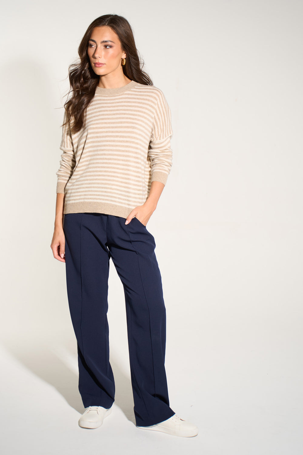 Striped-Long-Sleeve-Italian-Cashmere-Wool-Blend-Jumper-in-Beige/Cream