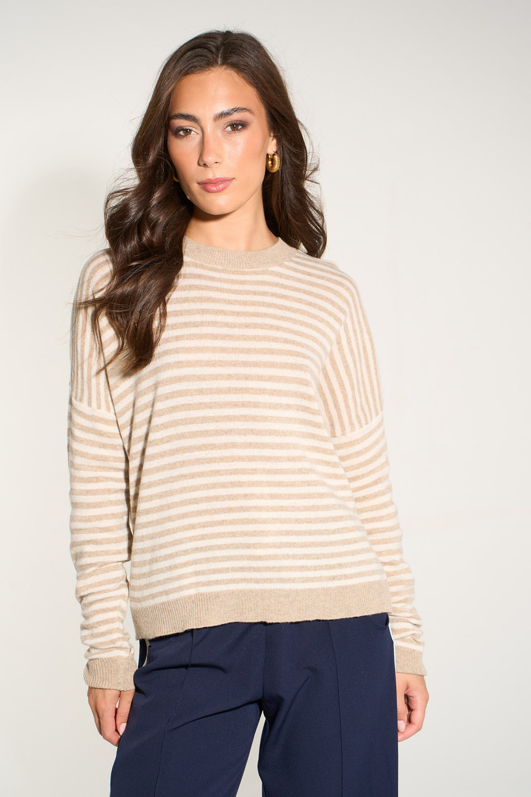 Striped-Long-Sleeve-Italian-Cashmere-Wool-Blend-Jumper-in-Beige/Cream