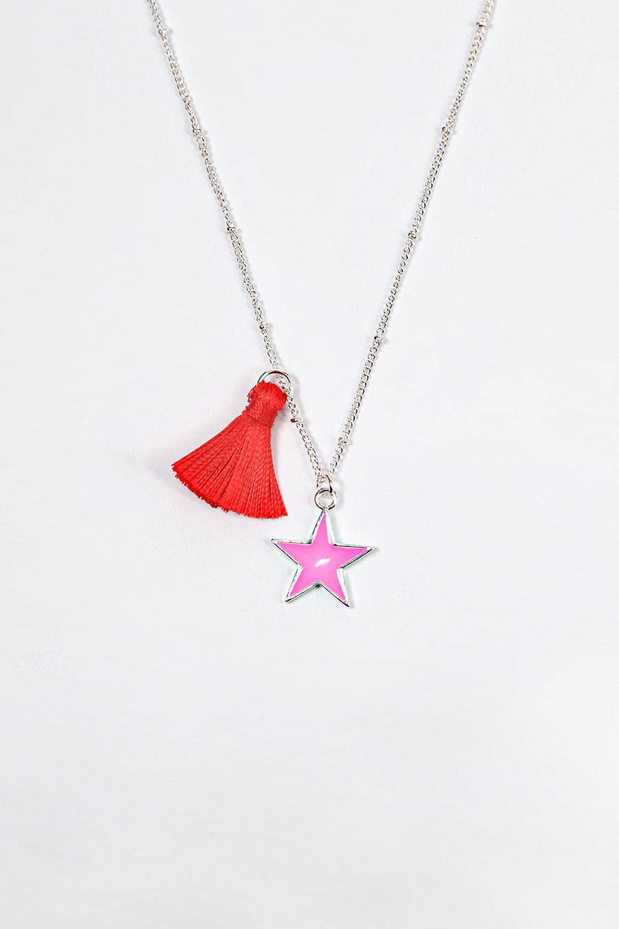Light Pink Red Tassel and Star Silver Plated Necklace