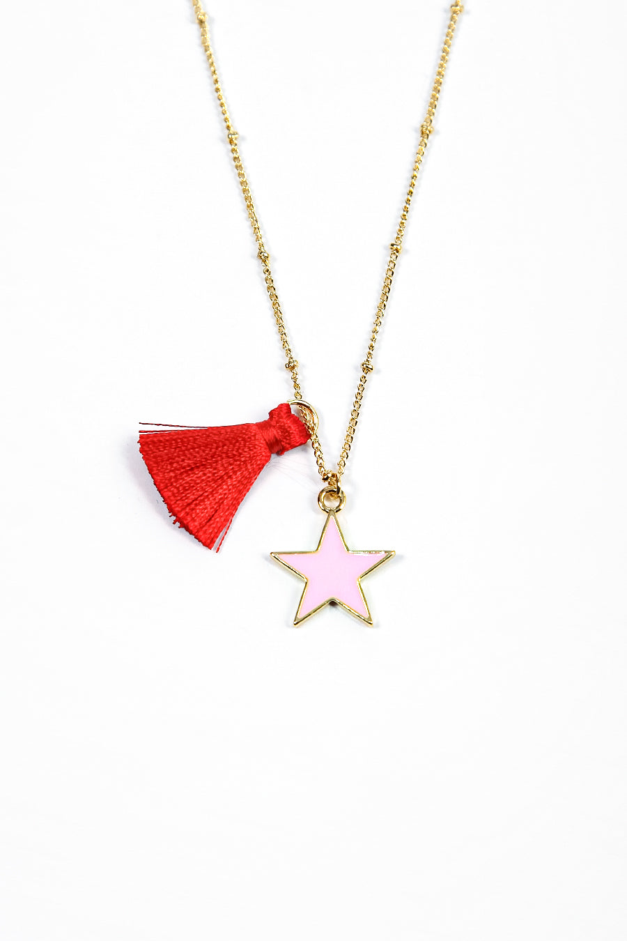 Light Pink Red Tassel and Star Gold Plated Necklace