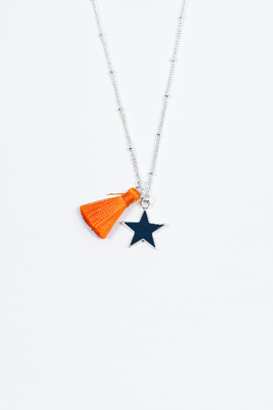 Navy Blue Orange Tassel and Star Sliver Plated Necklace