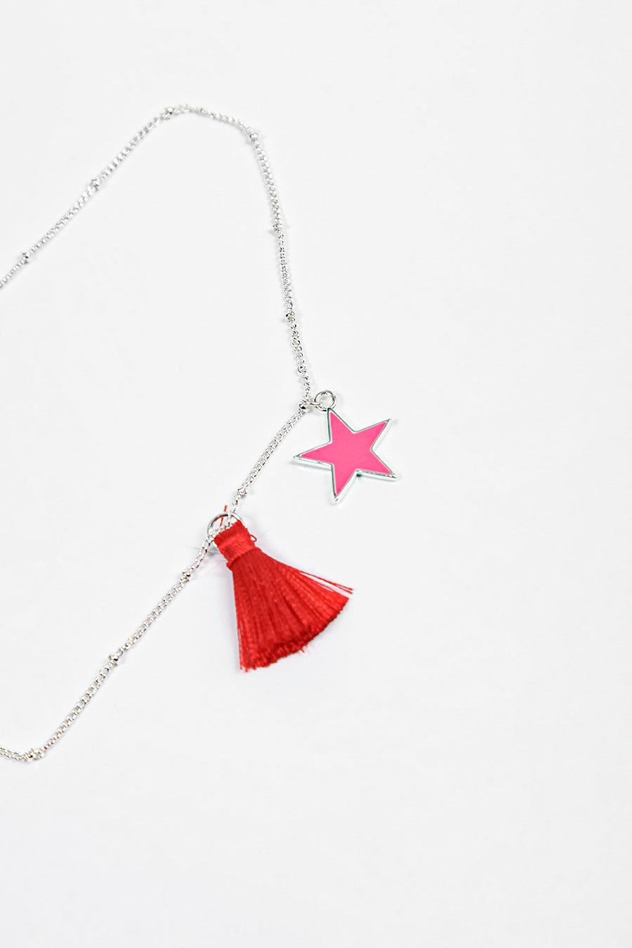 Pink Red Tassel and Star Sliver Plated Necklace