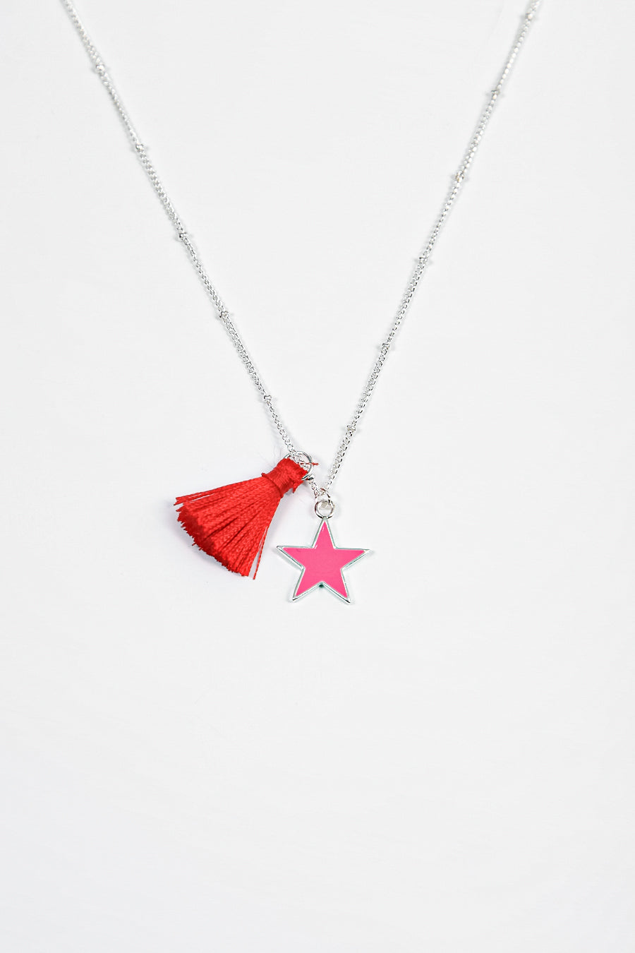 Pink Red Tassel and Star Sliver Plated Necklace
