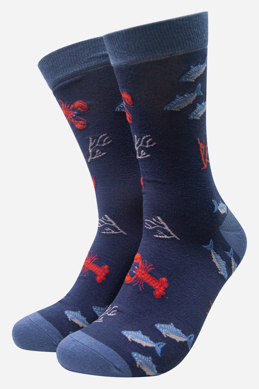 blue socks with a pattern of swimming shoals of fish, seaweed and red lobsters