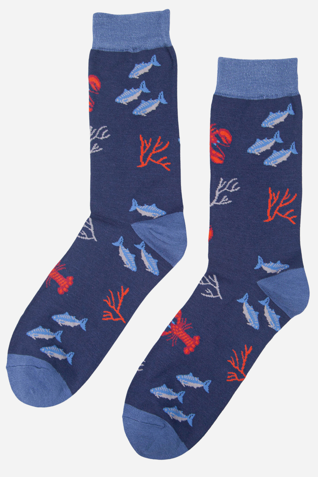 blue socks with fish and lobsters