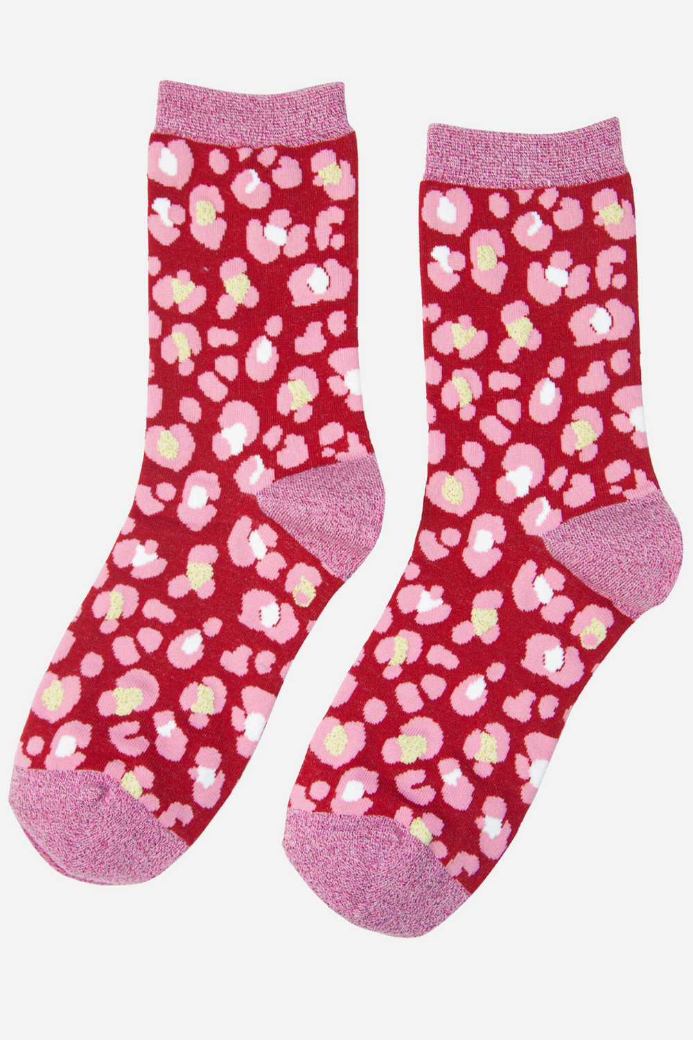 red and pink animal print socks with pink glitter accents