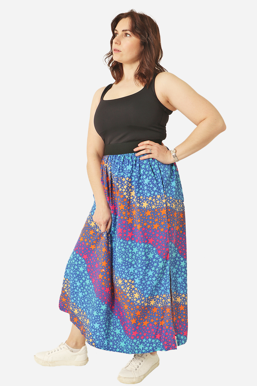 Royal Blue Fuchsia Star Wave Elasticated Waistband Maxi Skirt