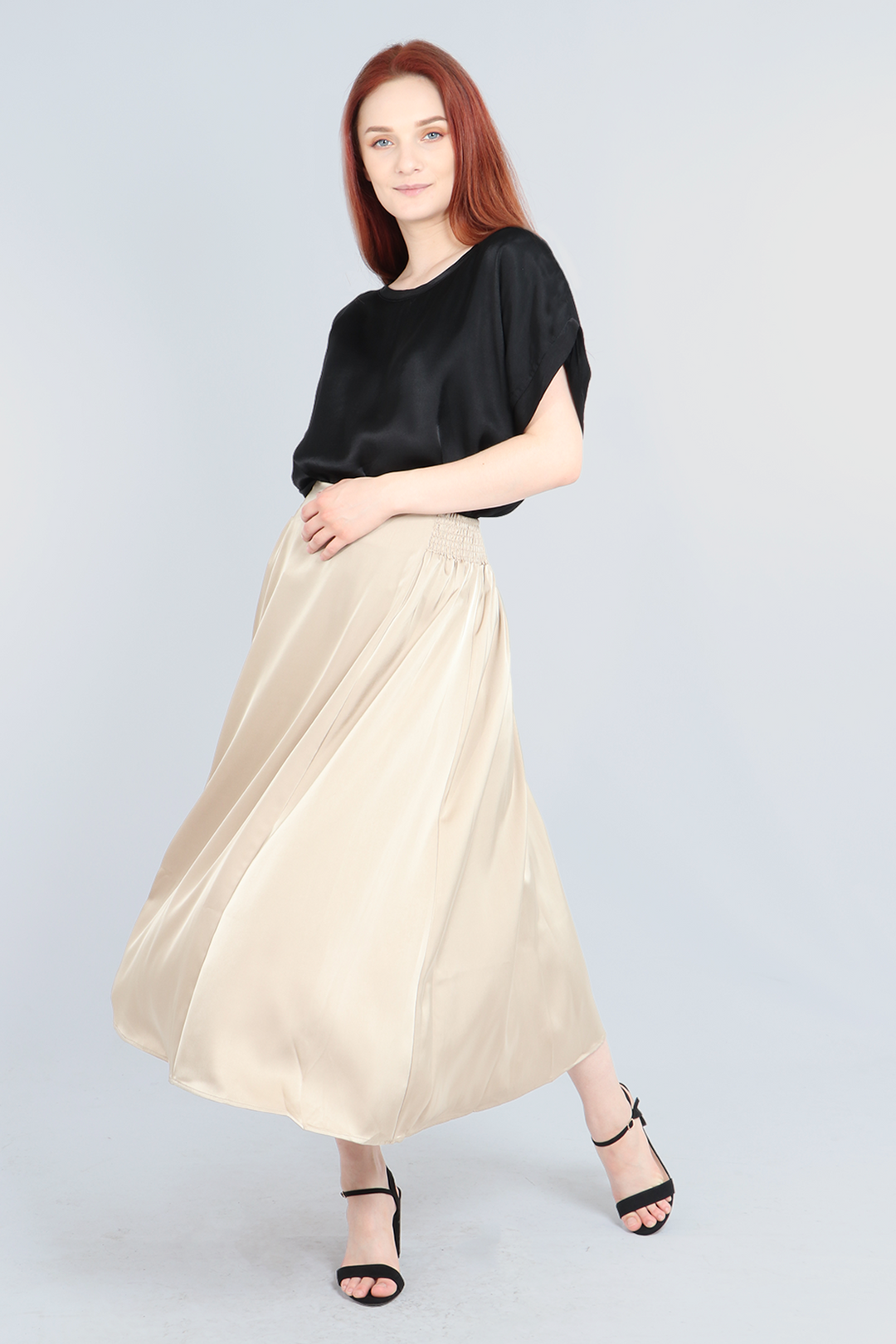 Gold Satin Midi Skirt