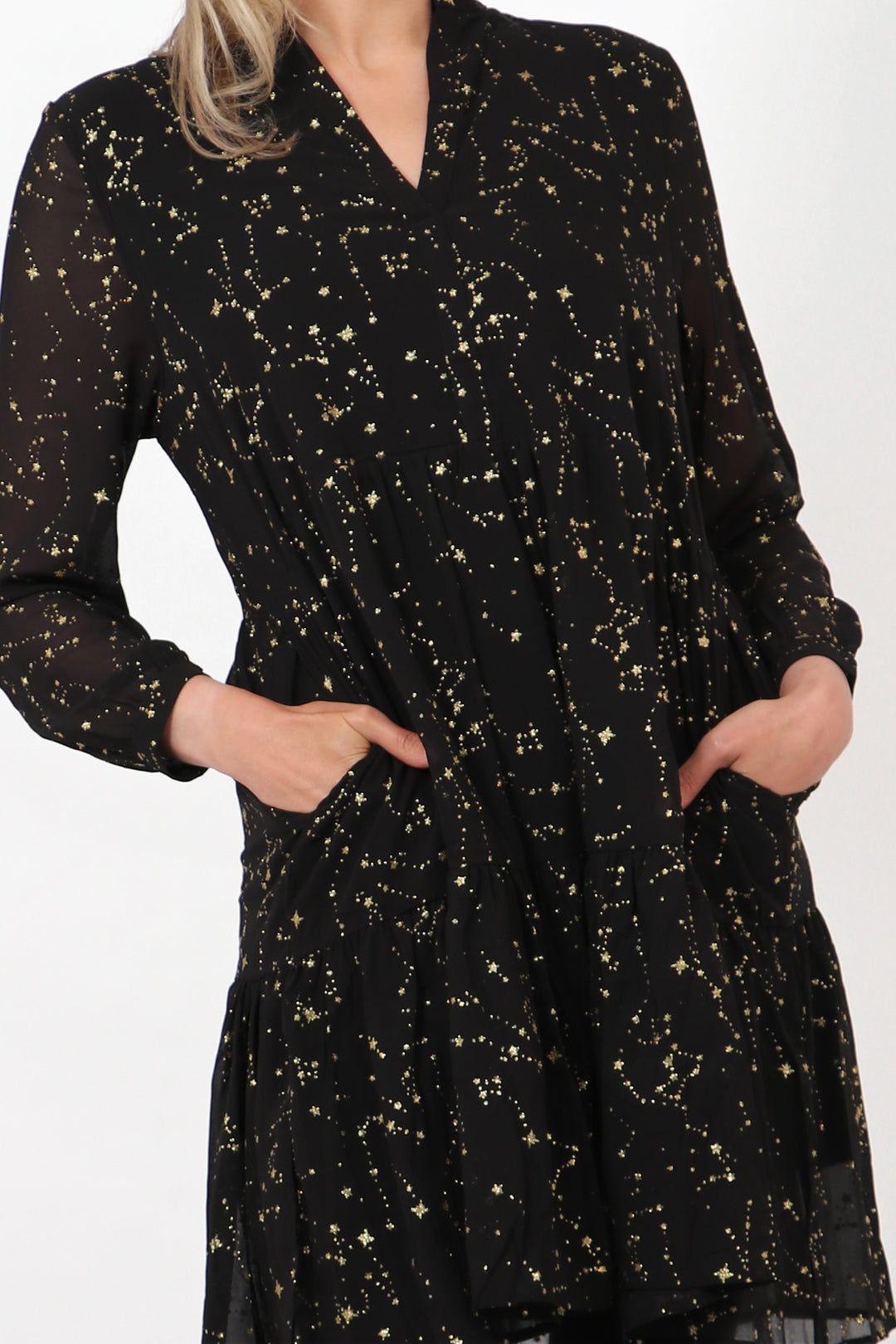 Black Gold Constellation Print Tiered Mini Dress