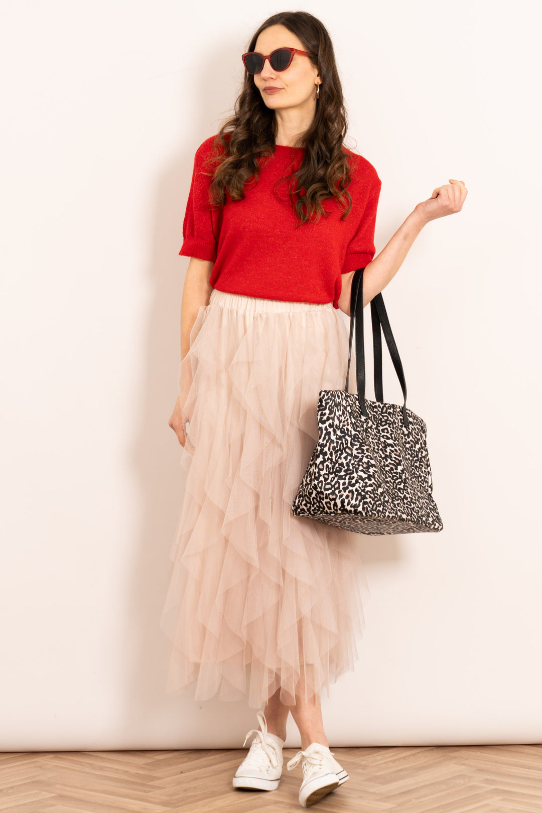 layla-maxi-tulle-skirt-cream-layered-frills-styled-with-red-tshirt-animal-print-bag