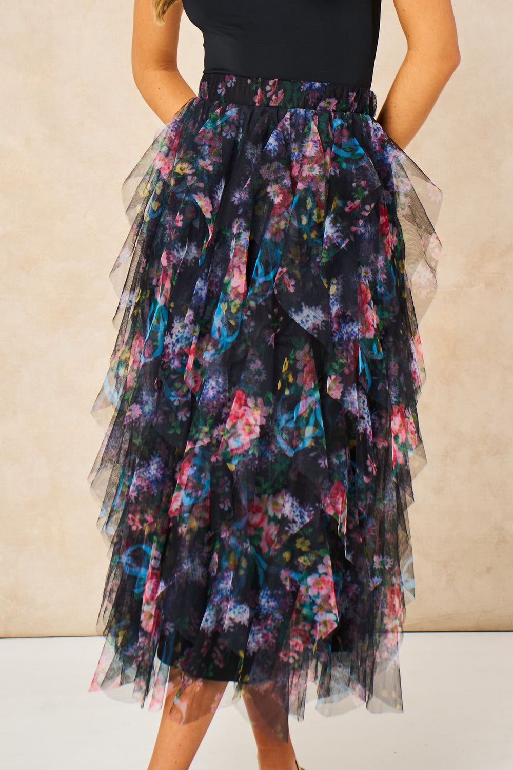 Layla-Black-Floral-Layered-Tulle-Maxi-Skirt-Front