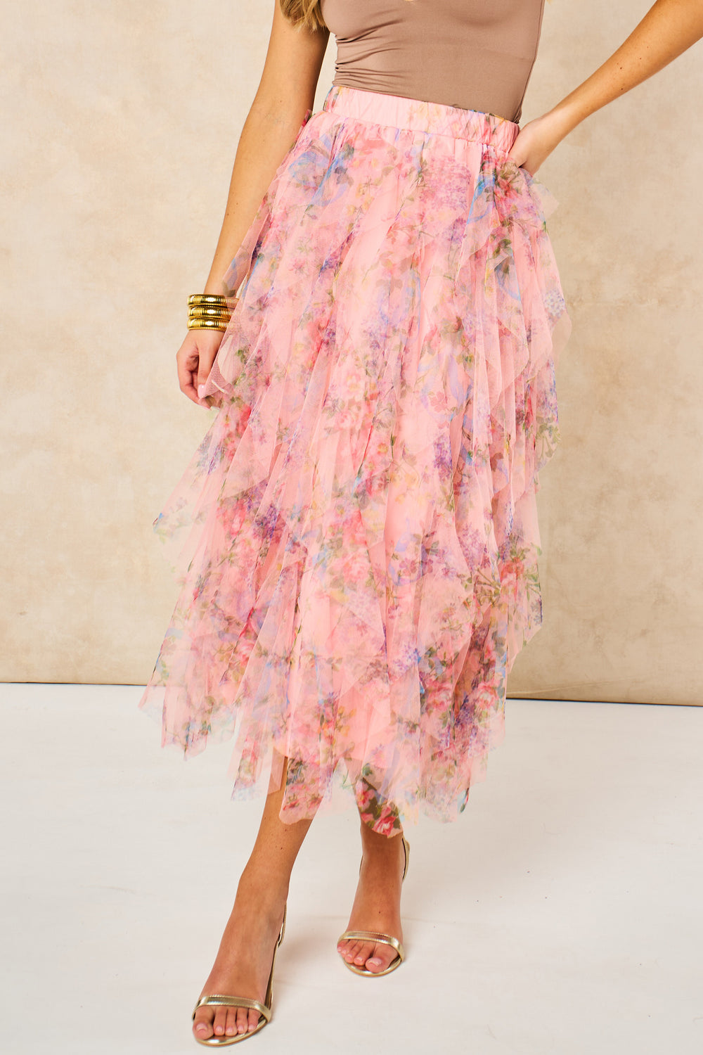 Layla-Peach-Pink-Floral-Layered-Tulle-Maxi-Skirt-Front