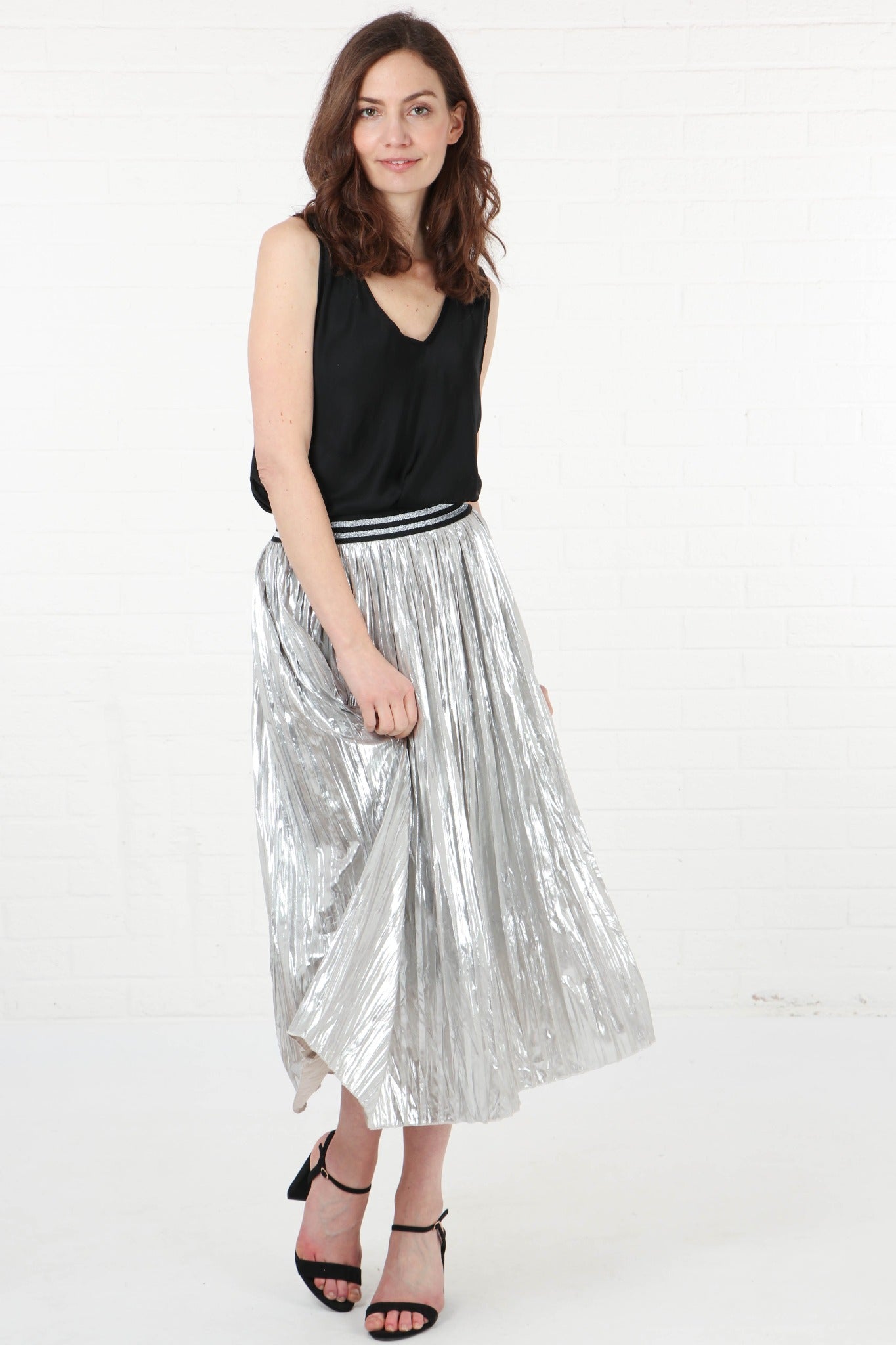 Silver Foil Pleated Skirt with Glitter Stripe Waistband – MSH ...