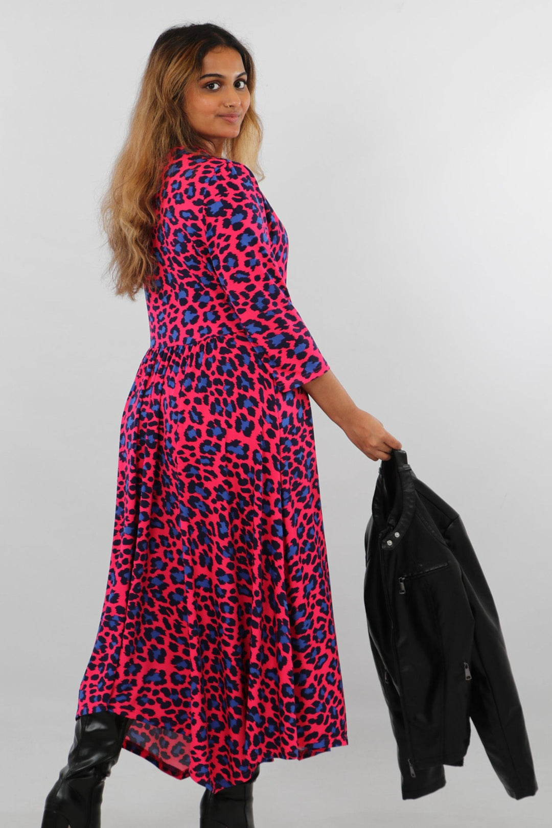 Fuchsia Blue Large Animal Leopard Print Knot Front Dress