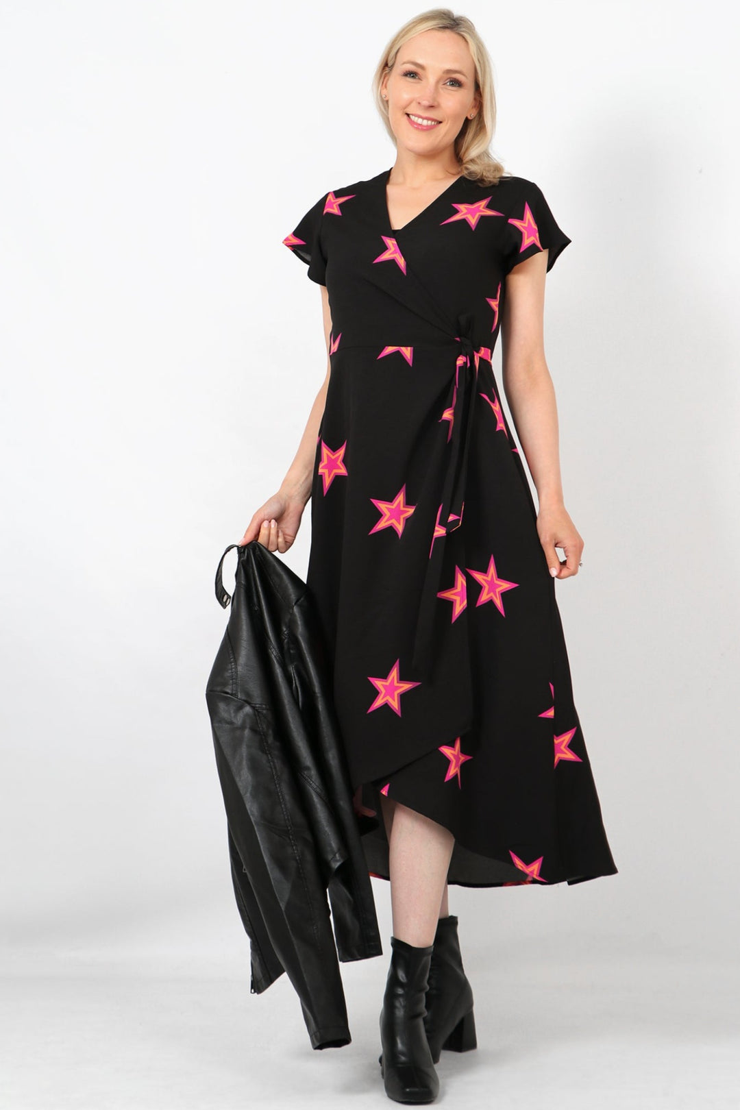 Black Star Outline Print Wrap Dress