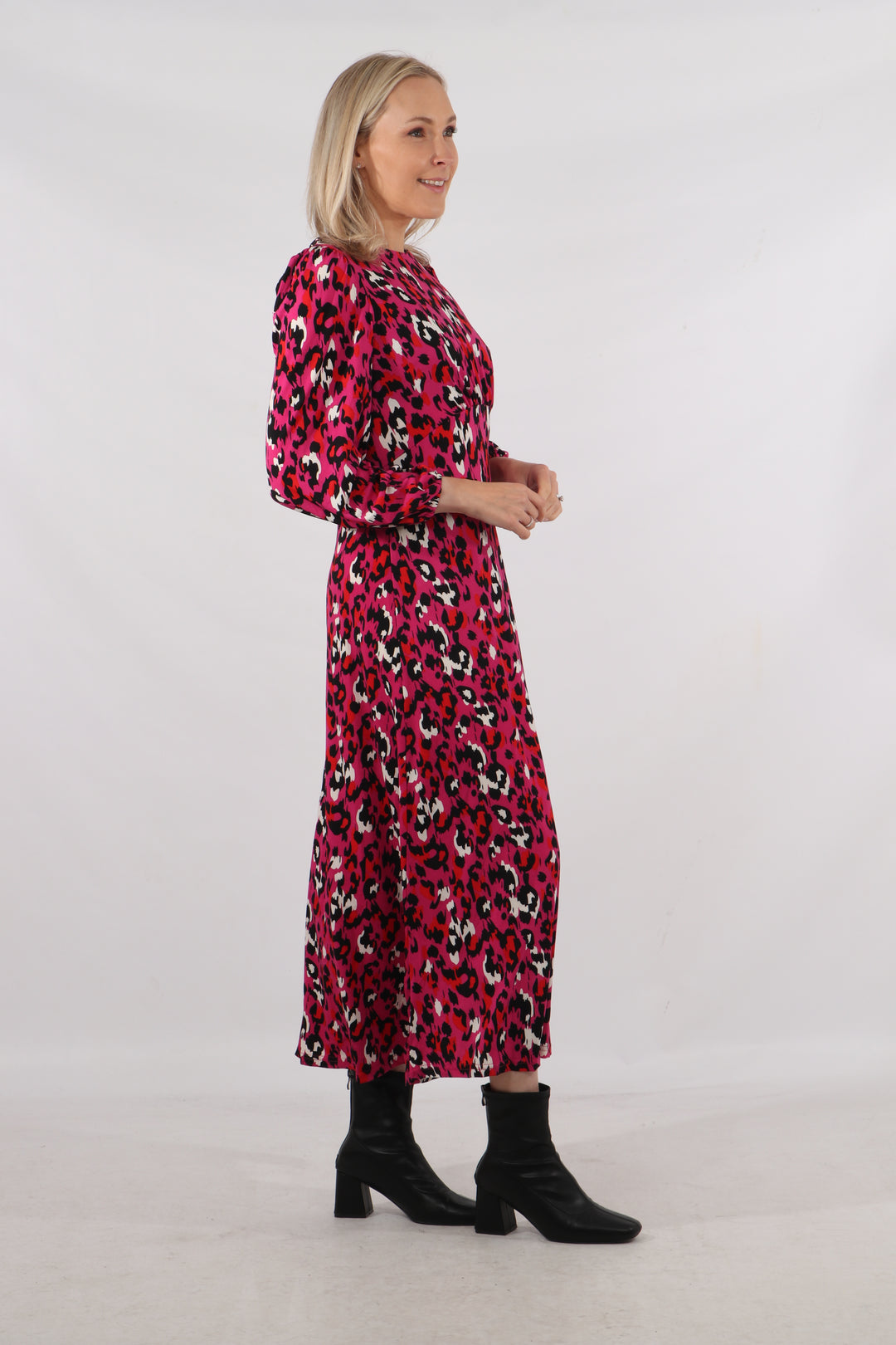 Riley Long Sleeve Tea Dress - Fuchsia, Leopard