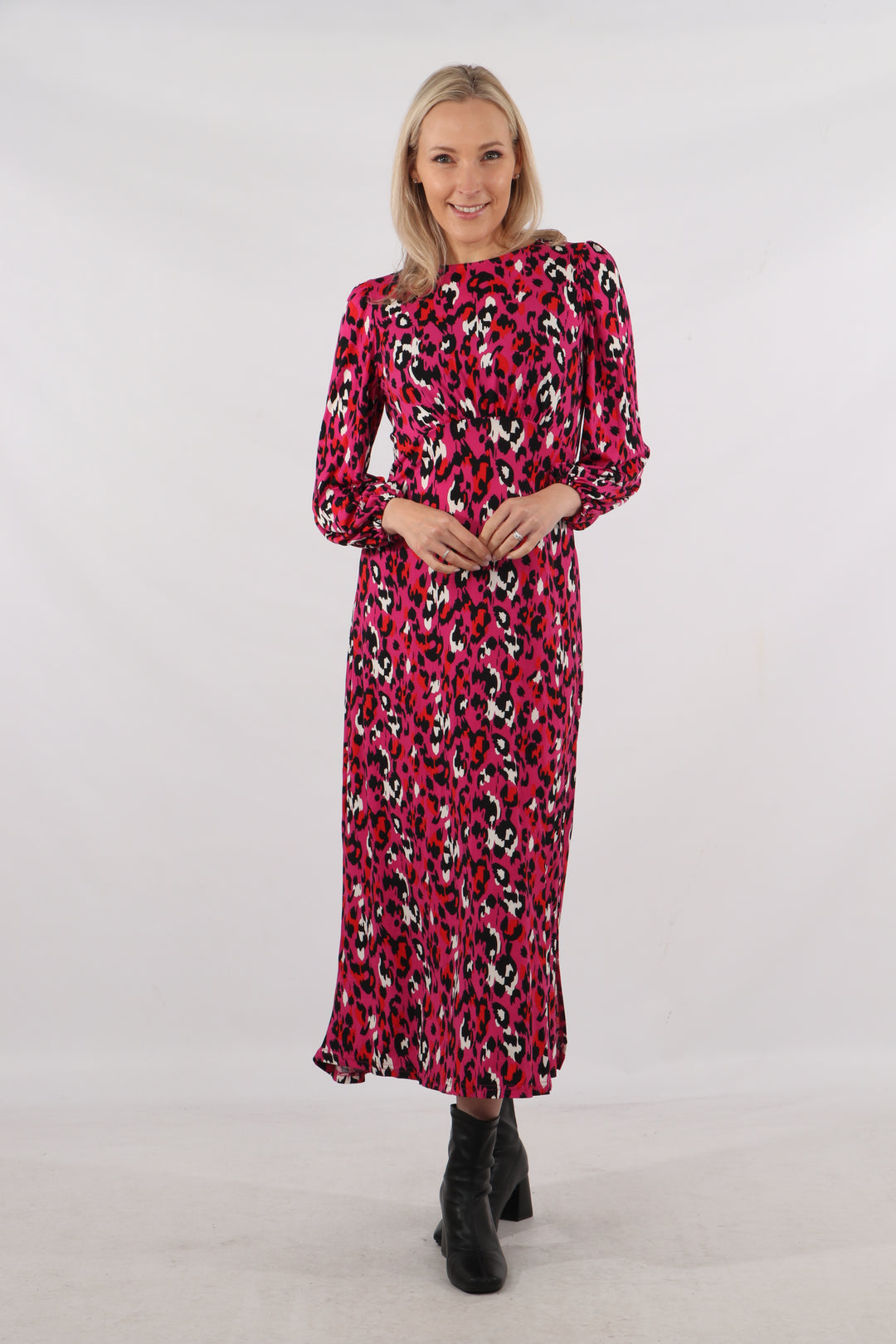 Riley Long Sleeve Tea Dress - Fuchsia, Leopard