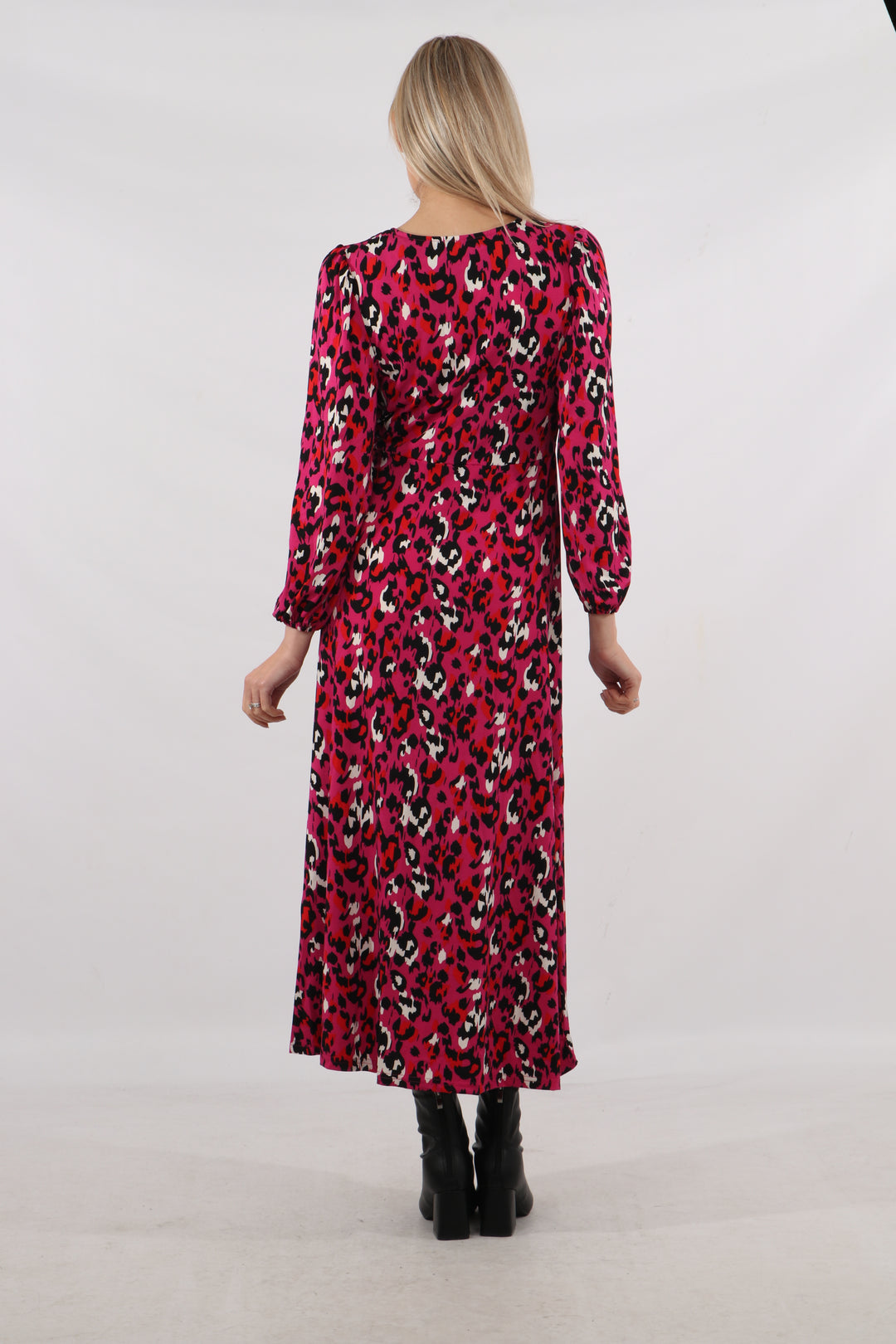 Riley Long Sleeve Tea Dress - Fuchsia, Leopard