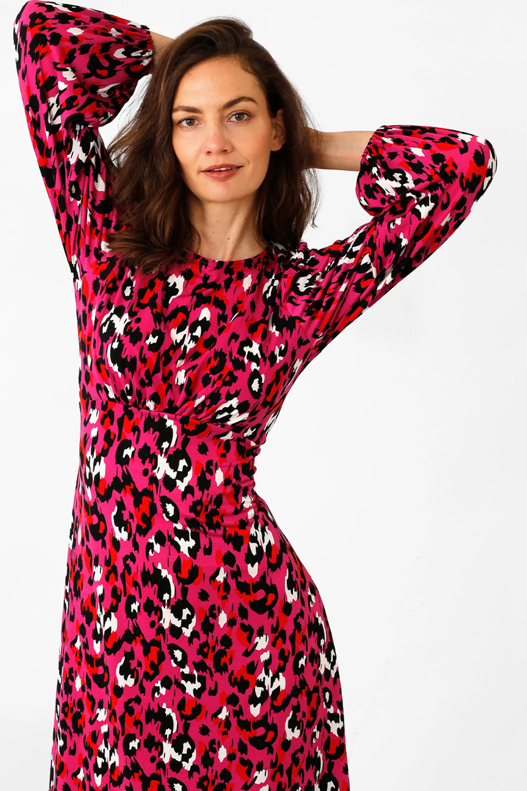 Riley Long Sleeve Tea Dress - Fuchsia, Leopard