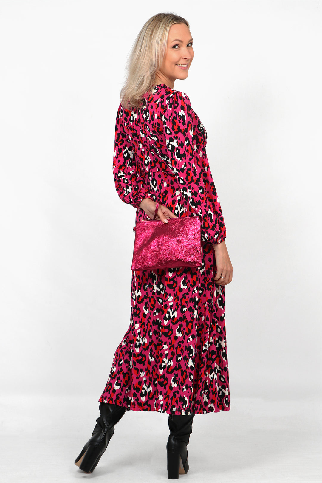 Riley Long Sleeve Tea Dress - Fuchsia, Leopard