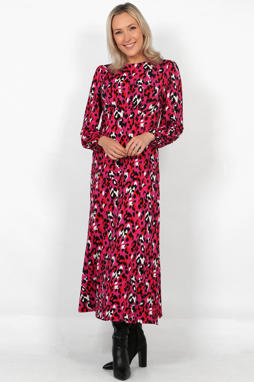 Riley Long Sleeve Tea Dress - Fuchsia, Leopard