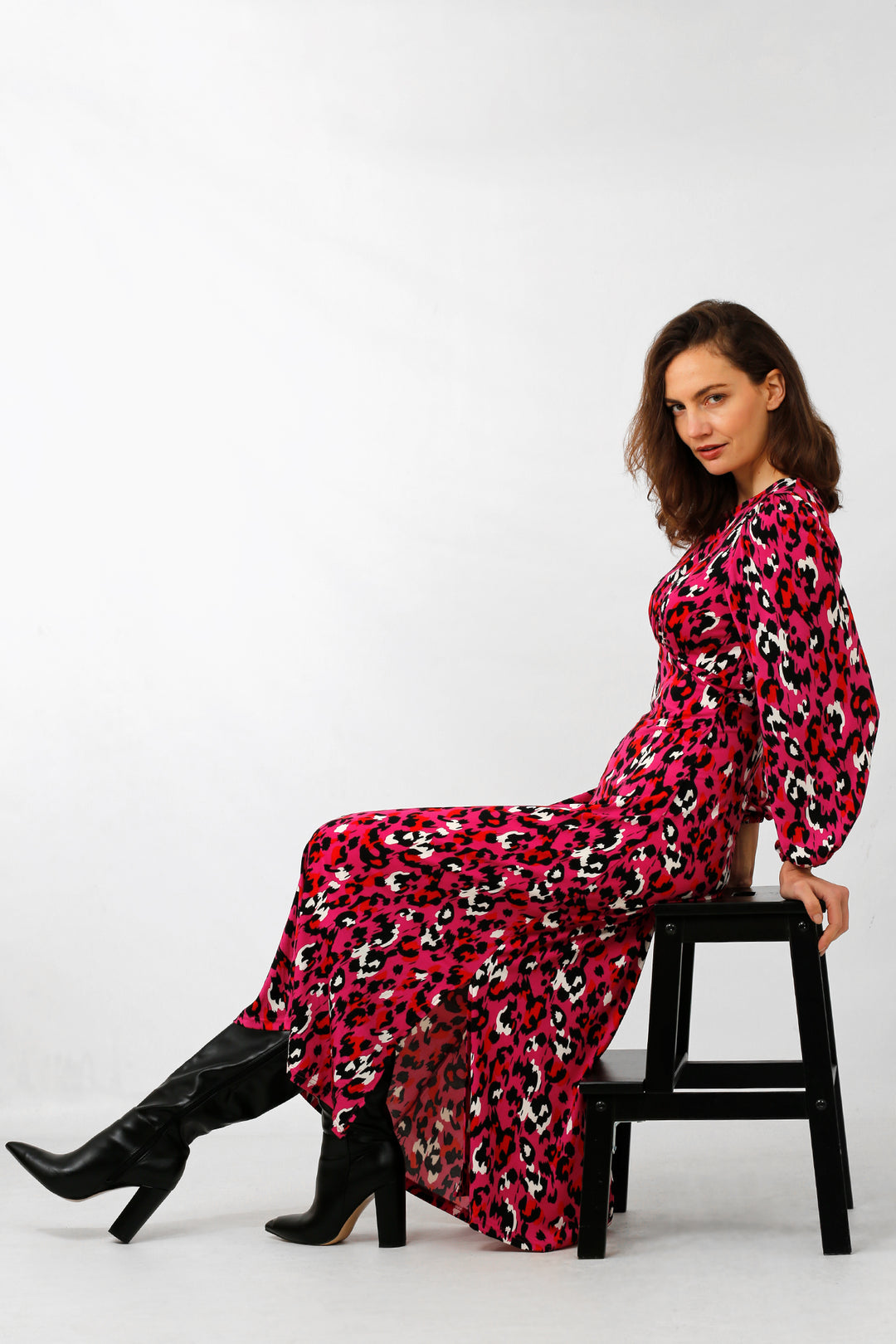 Riley Long Sleeve Tea Dress - Fuchsia, Leopard