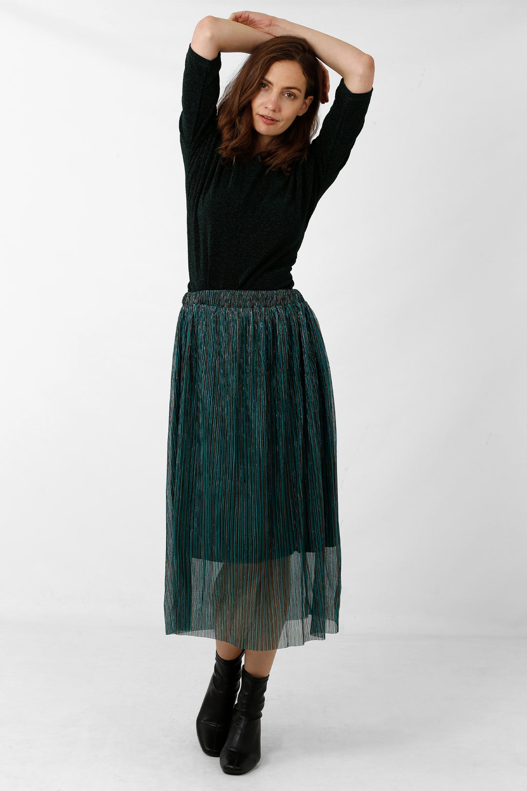 Green Striped Pleated Skirt