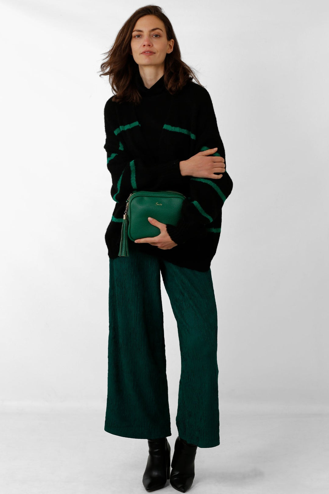 Black Green Wool Blend Cardigan With Thin Stripe