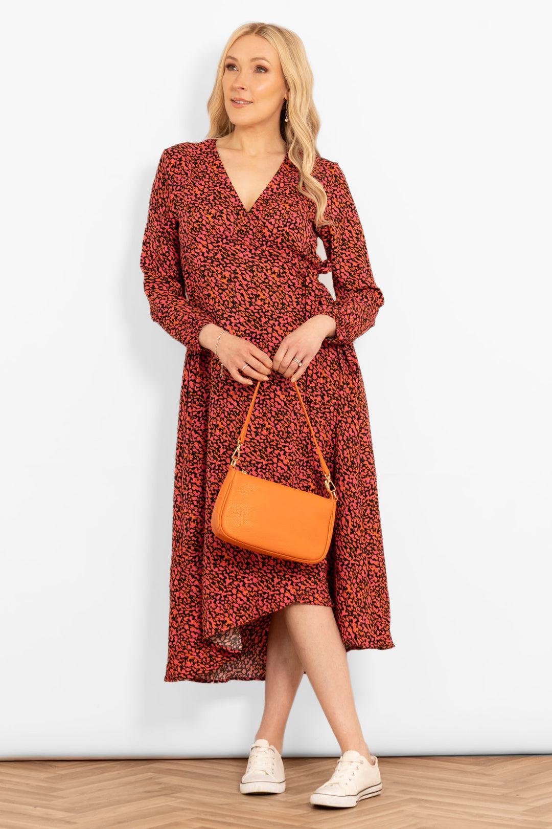 parker-long-sleeve-midi-wrap-dress-fuchsia-abstract-spot-styled-with-bag