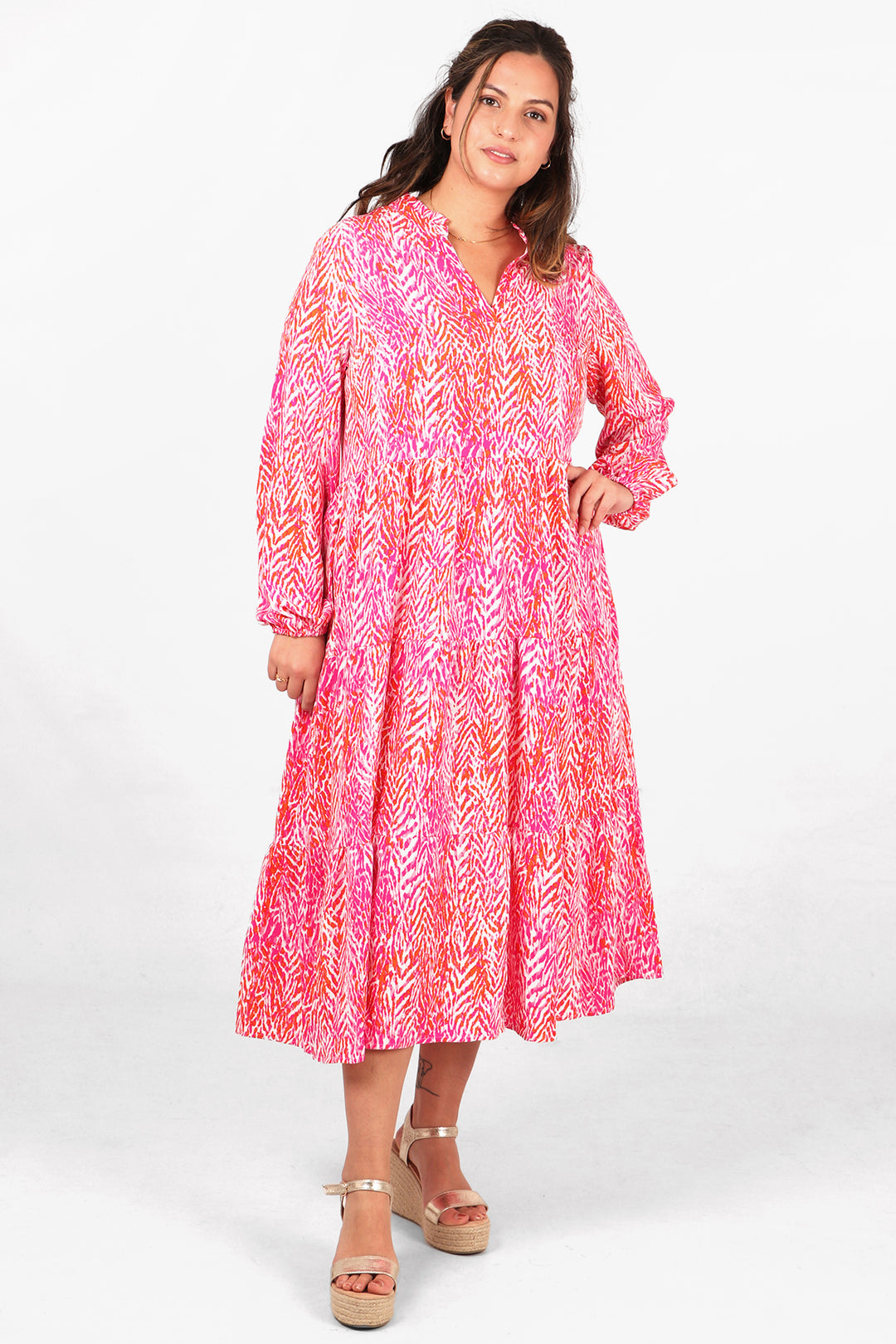 pink painted chevron pattern tiered midi dress with grandad collar