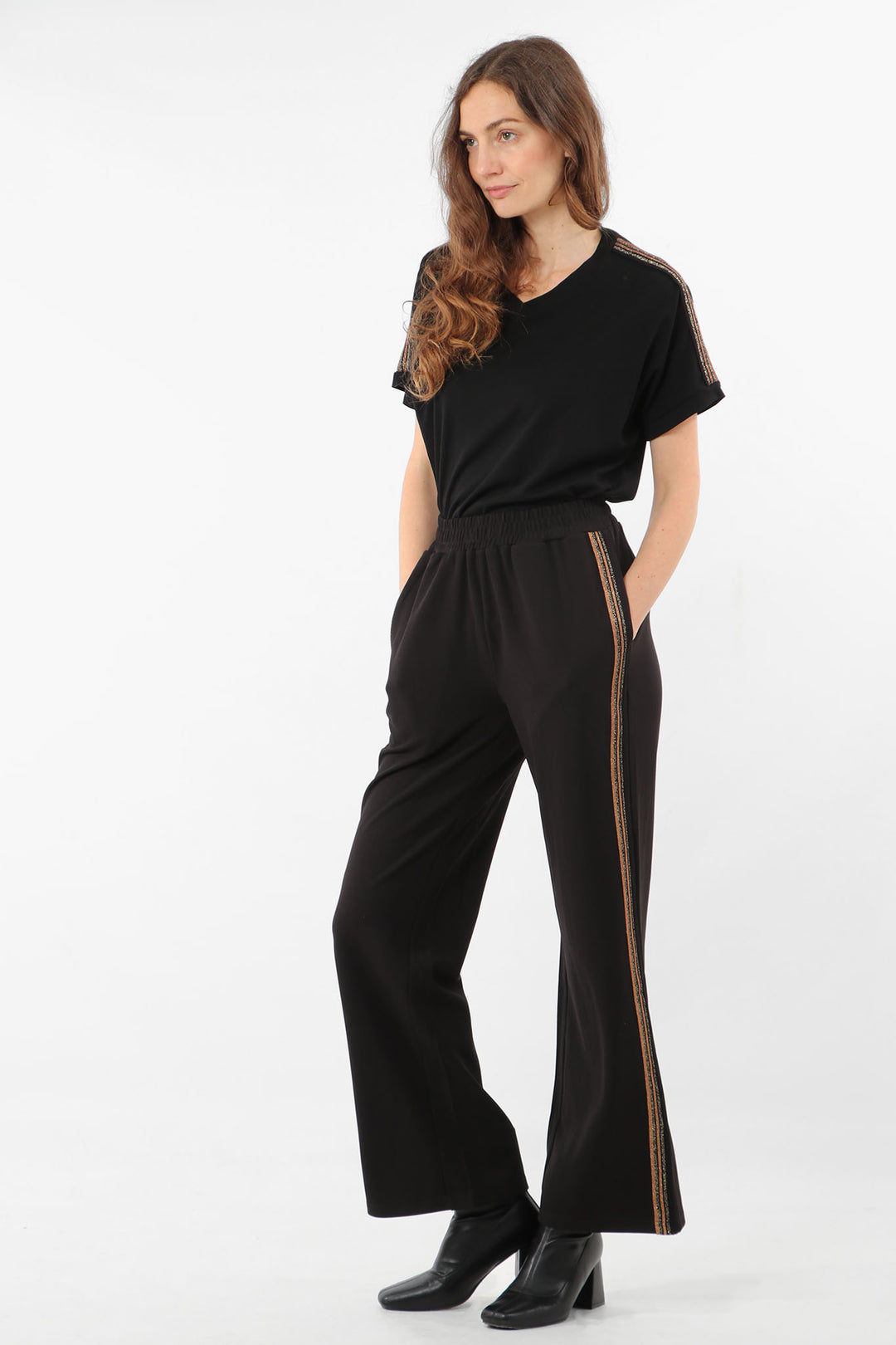 Black Copper Trousers with Glitter Stripe Detail