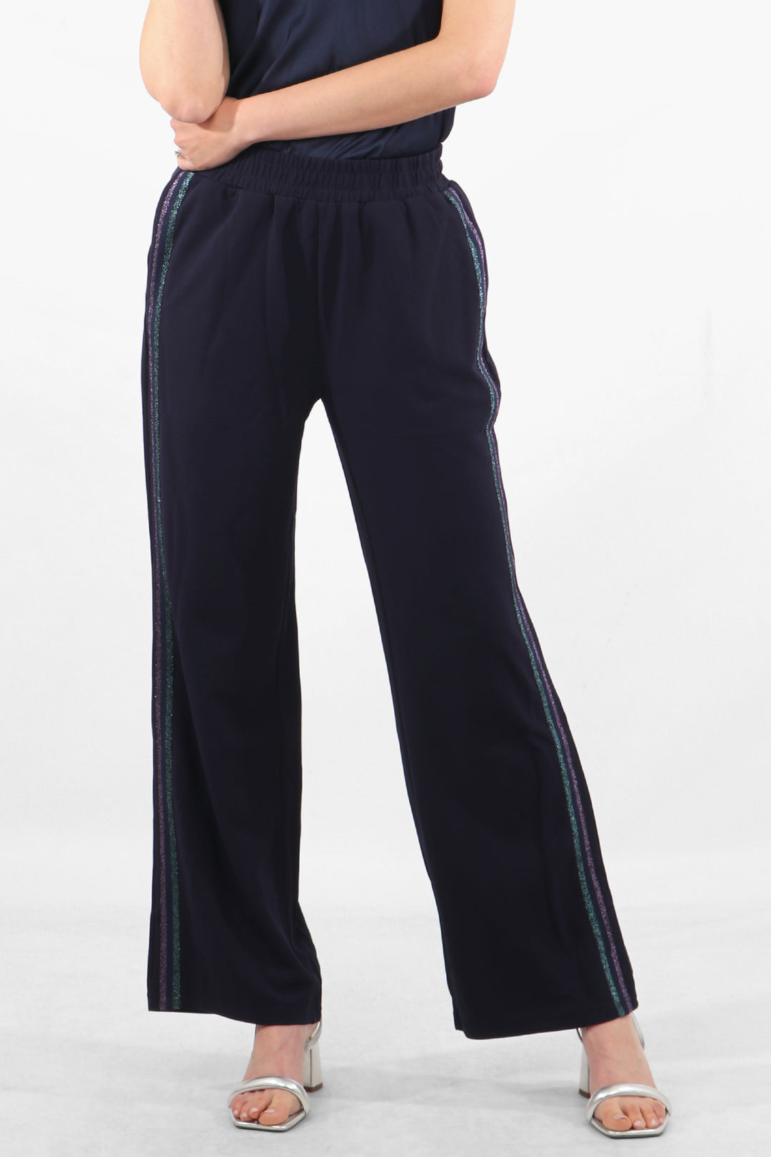 Navy Blue Trousers with Glitter Stripe Detail