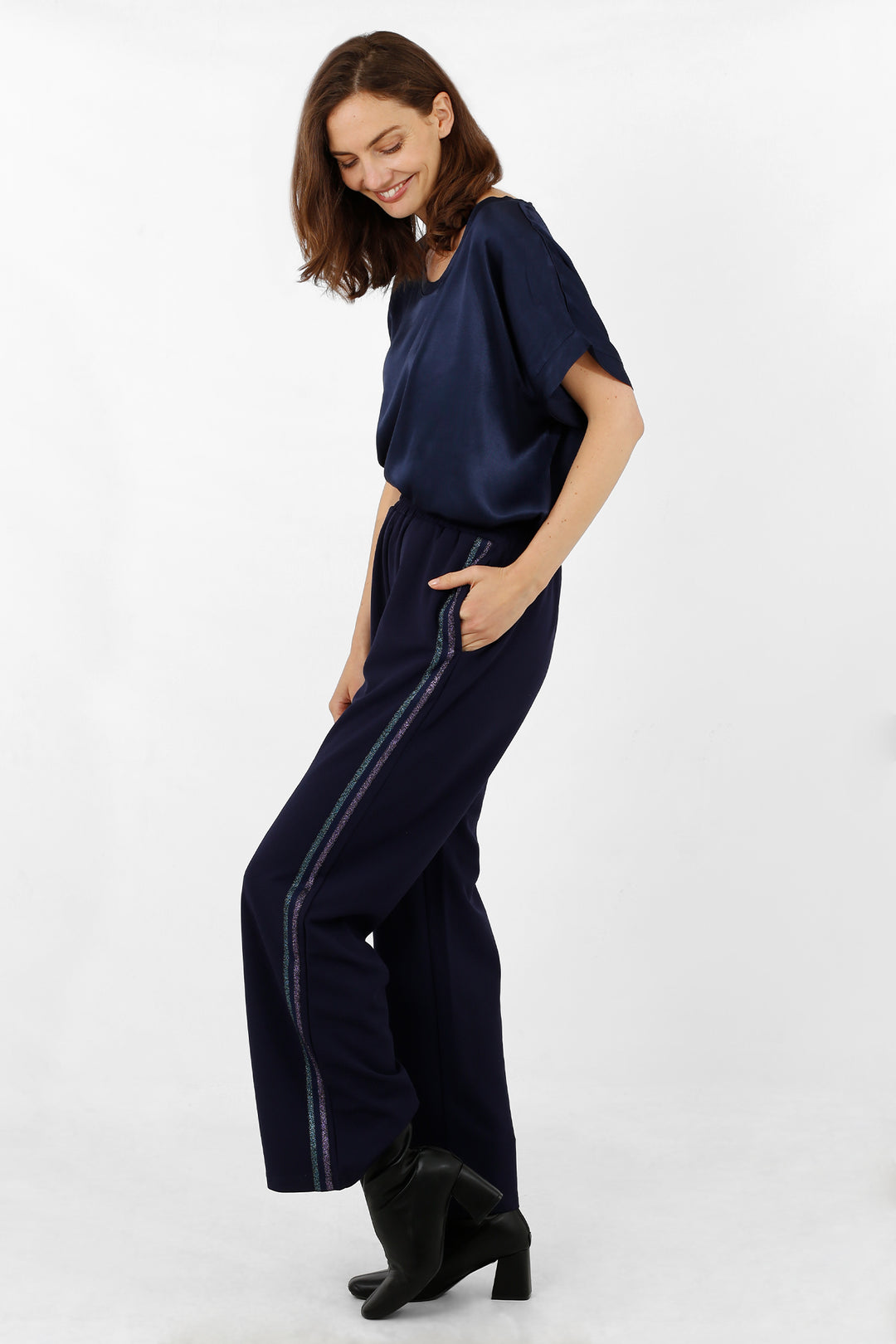 Navy Blue Trousers with Glitter Stripe Detail