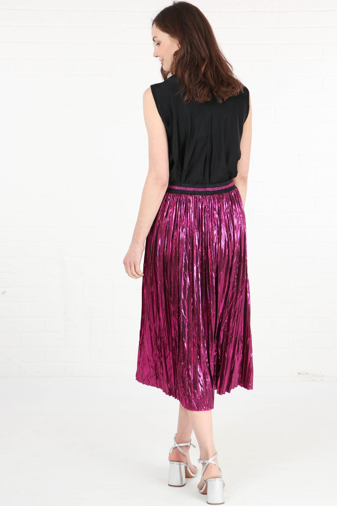 Fuchsia Foil Pleated Skirt with Glitter Stripe Waistband