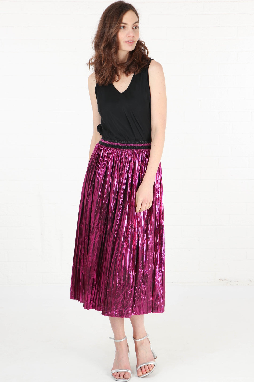 Fuchsia Foil Pleated Skirt with Glitter Stripe Waistband