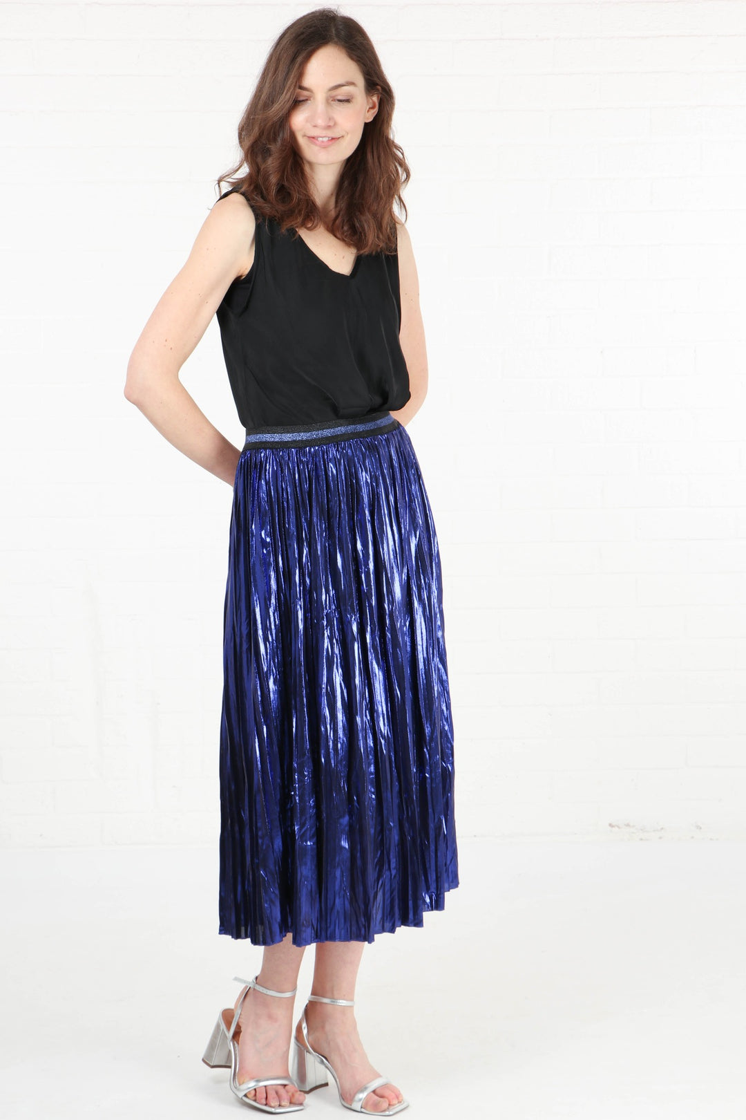 Blue Foil Pleated Skirt with Glitter Stripe Waistband